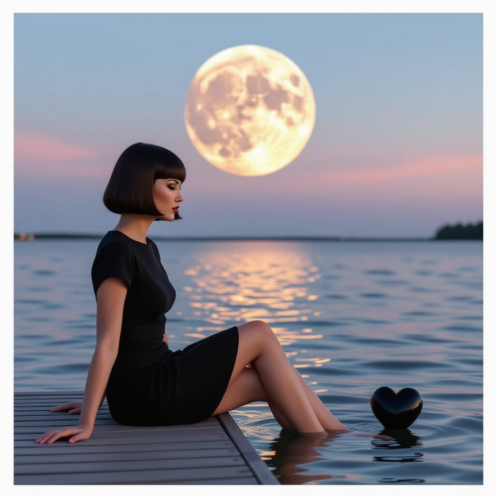 Woman Contemplates Moonlit Water from Wooden Pier