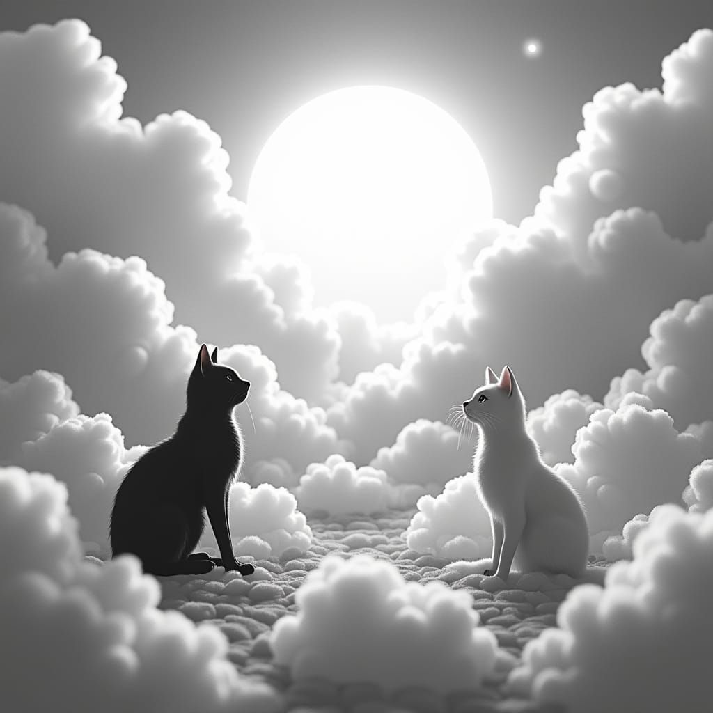Dreamy Cat Paradise in Black and White Anime Style