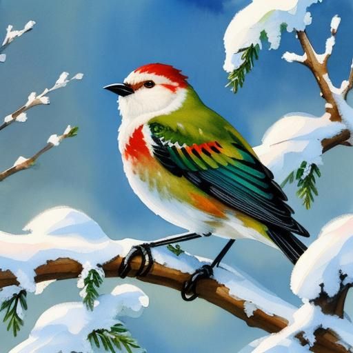 Winter Bird on Spruce Branch: Gouache Watercolor Painting