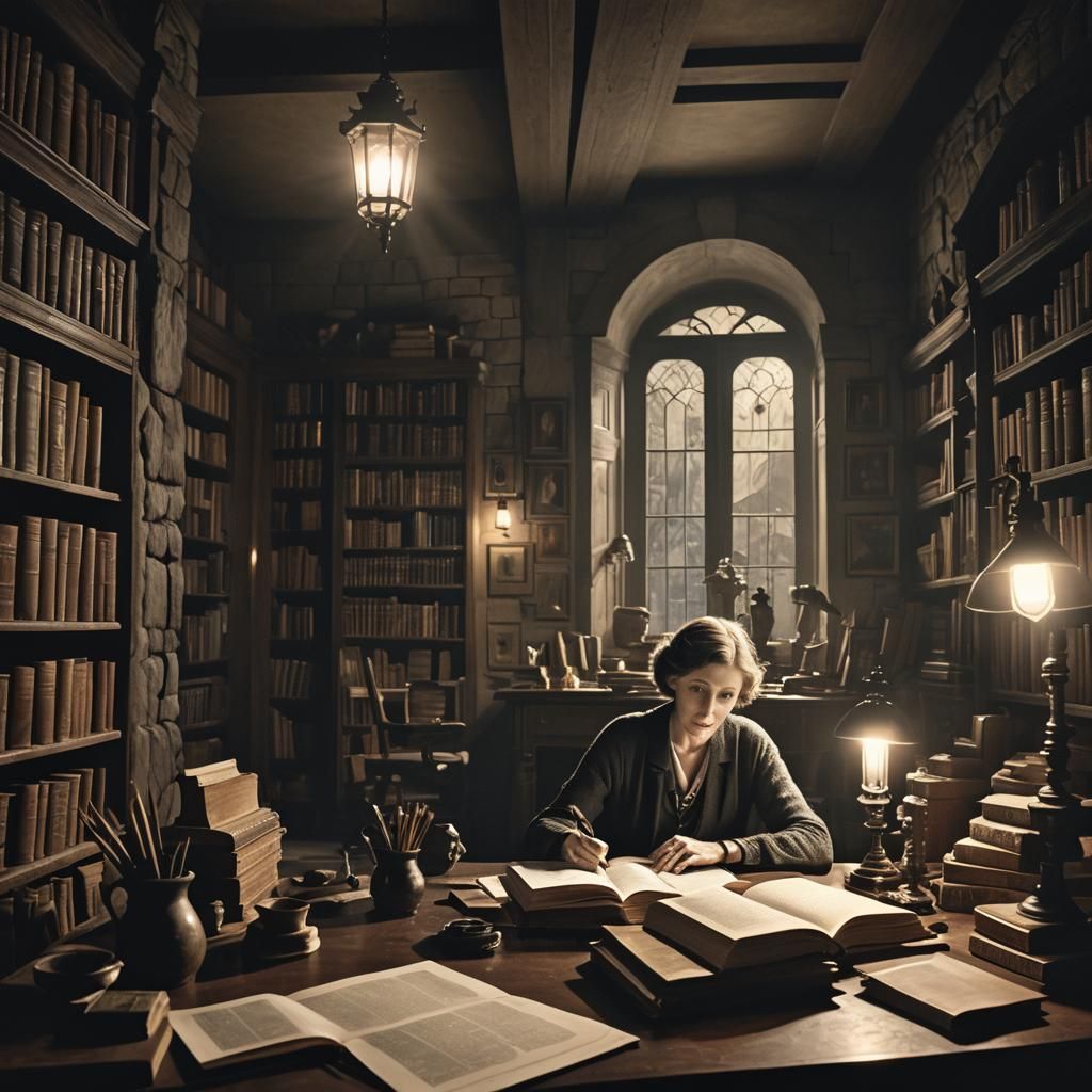 Virginia Woolf Writes in Chiaroscuro Art Deco Style