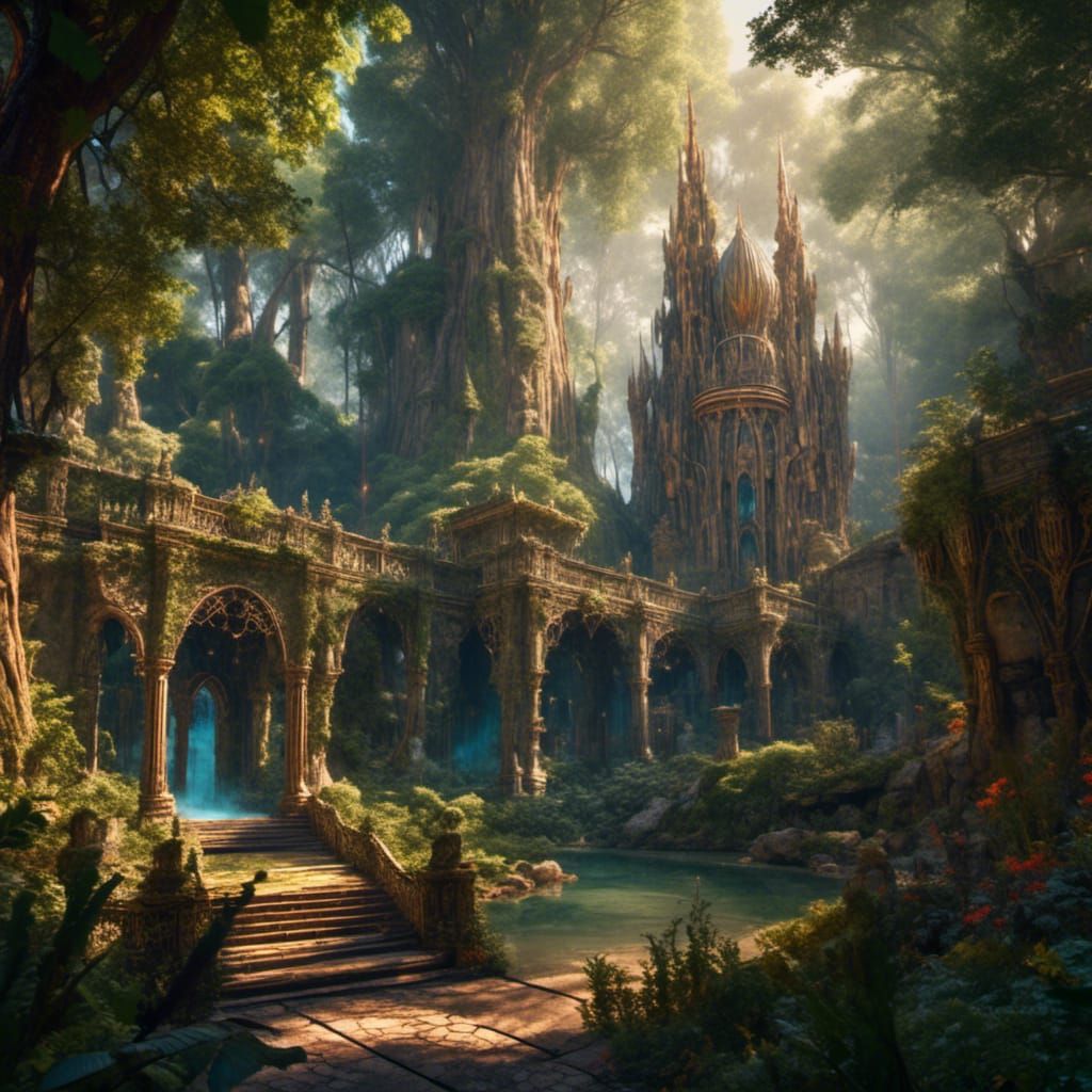 Elven City in Sequoia Forest: Fantasy Concept Art
