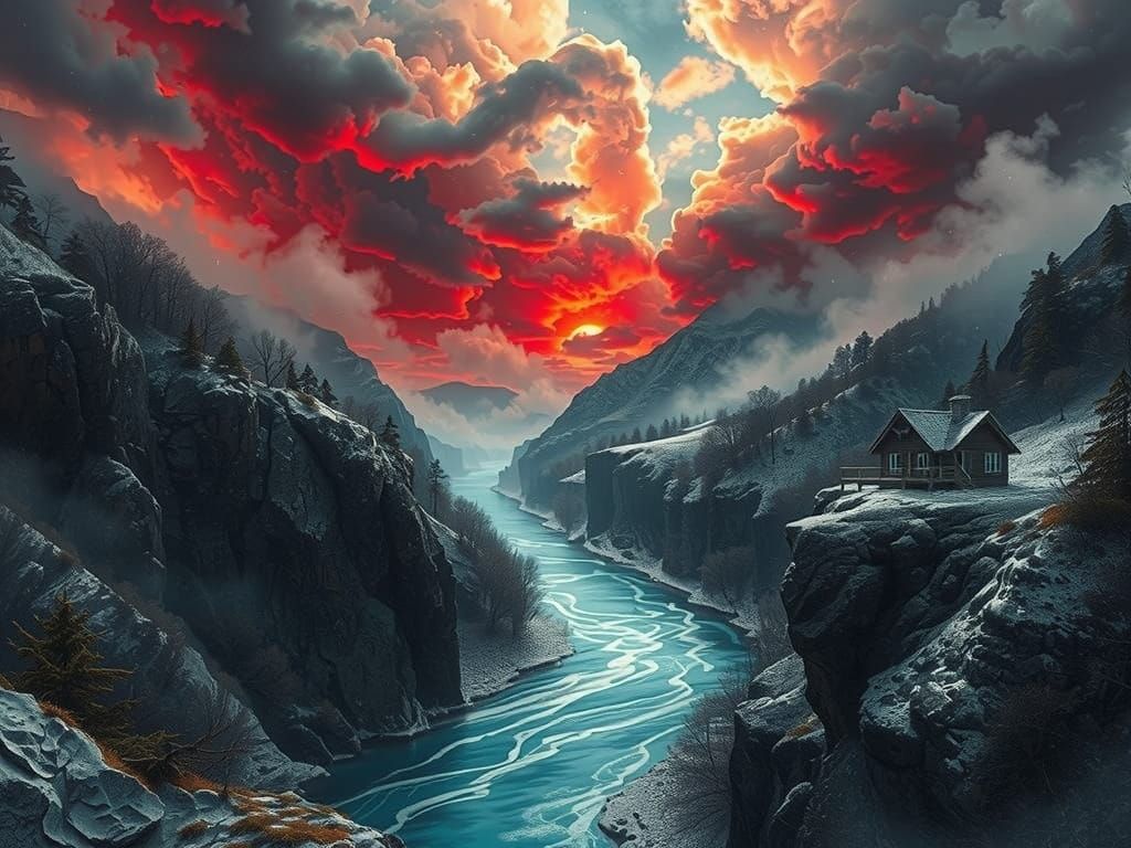 Winter Cabin in a Turquoise Valley Gorge at Night