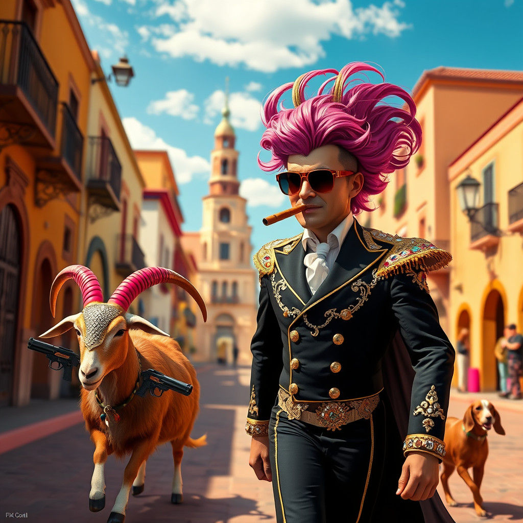 Flamboyant Torero Leads Rainbow Goat in Spanish Street