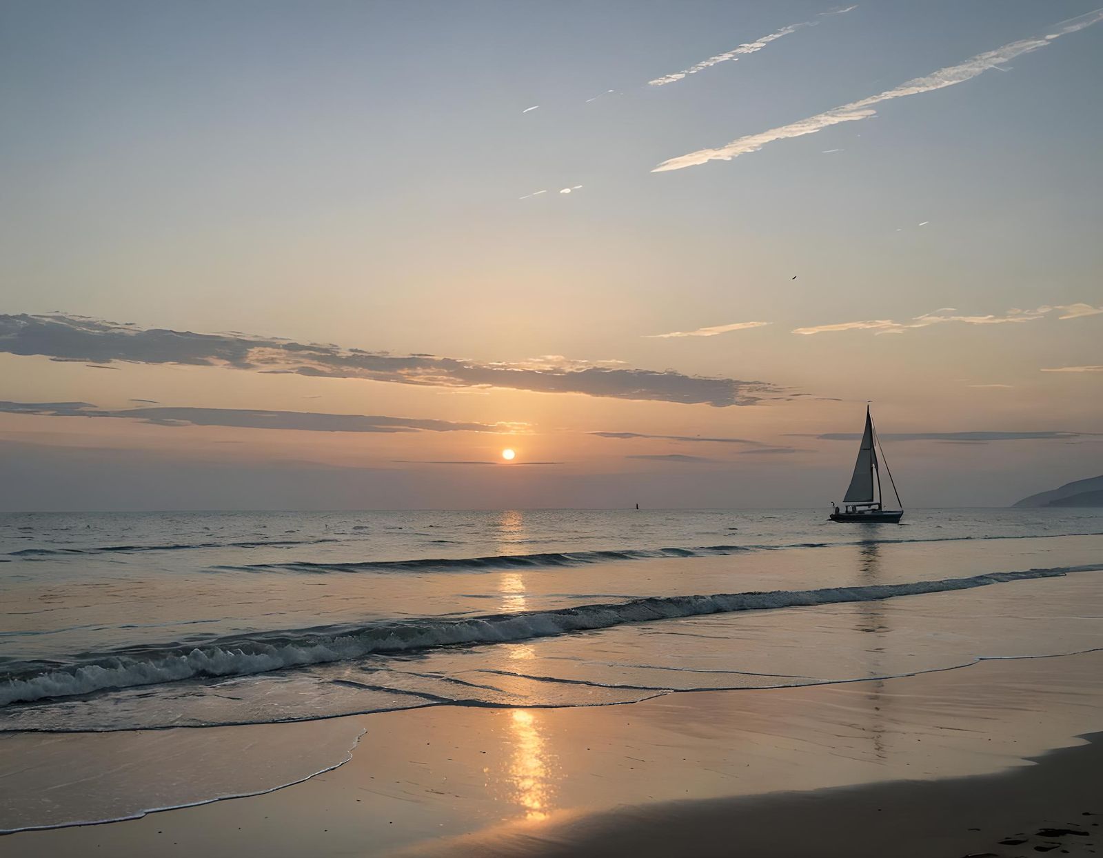 Peaceful Dawn Seascape with Sailboat on Horizon