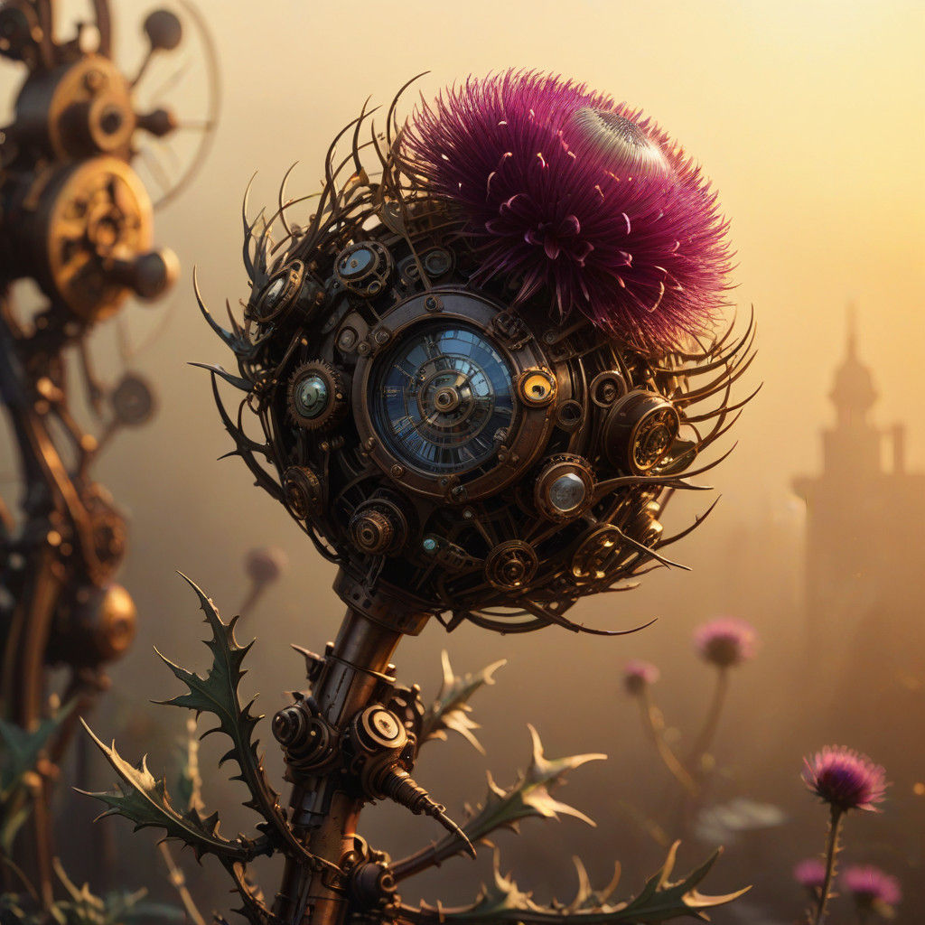 Steampunk Thistle Blooms with Intricate Mechanical Beauty