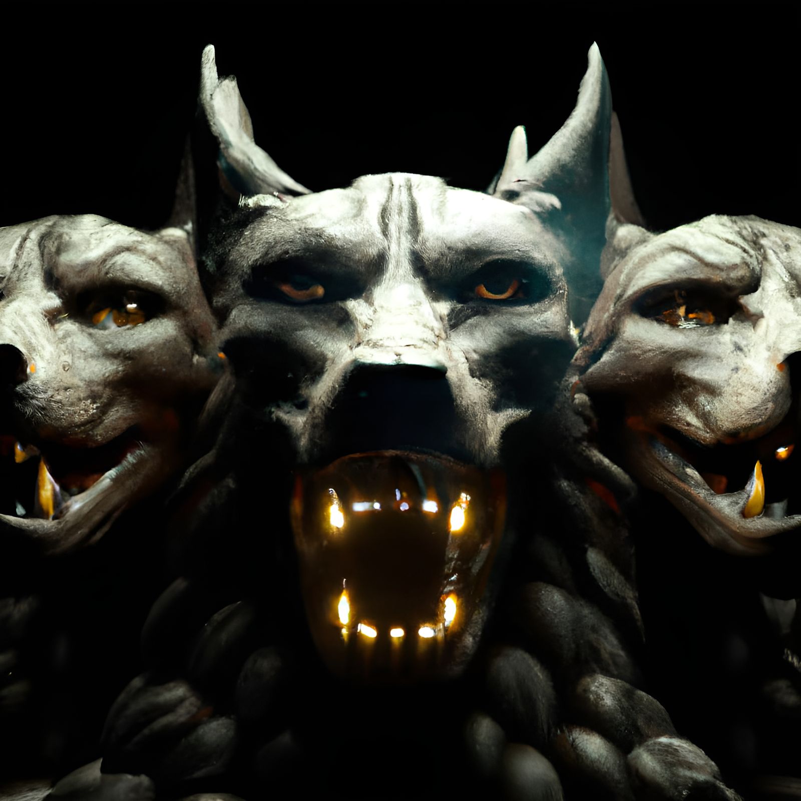 Hyperrealistic Three-Headed Hellhound in Dark Fantasy Style