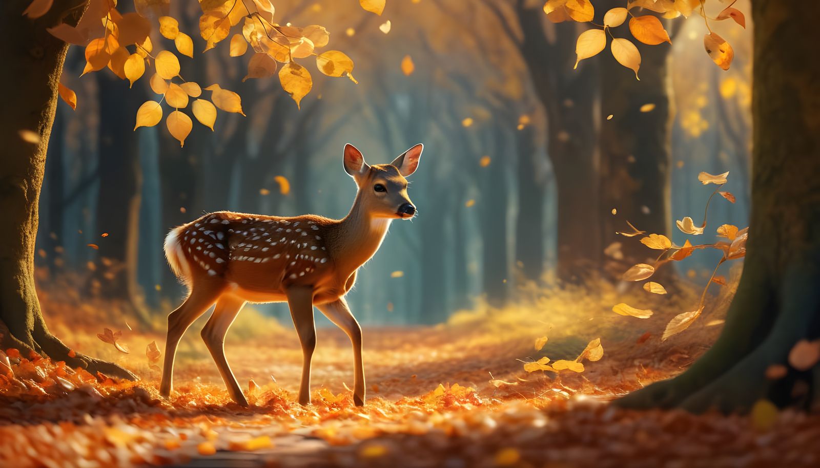 Cute Baby Deer in Golden Autumn Leaves Matte Painting