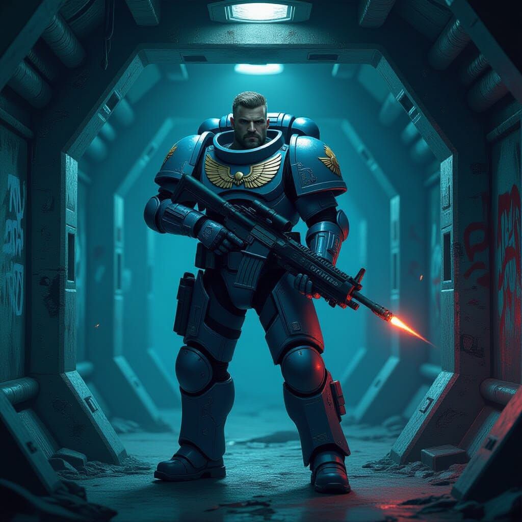 Space Marine Guarding Derelict Spaceship in Comic Book Art S...