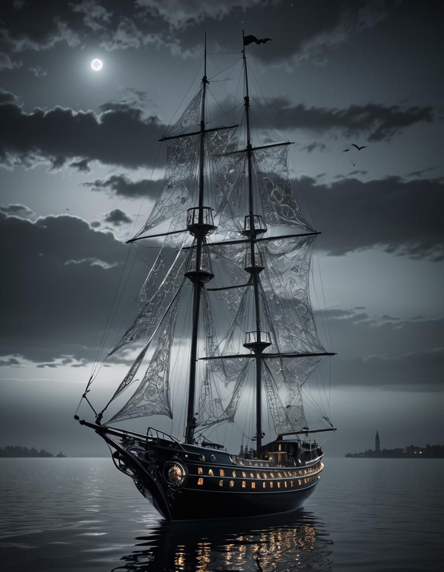 Elegant Gothic Fantasy Yacht on Midnight Waters