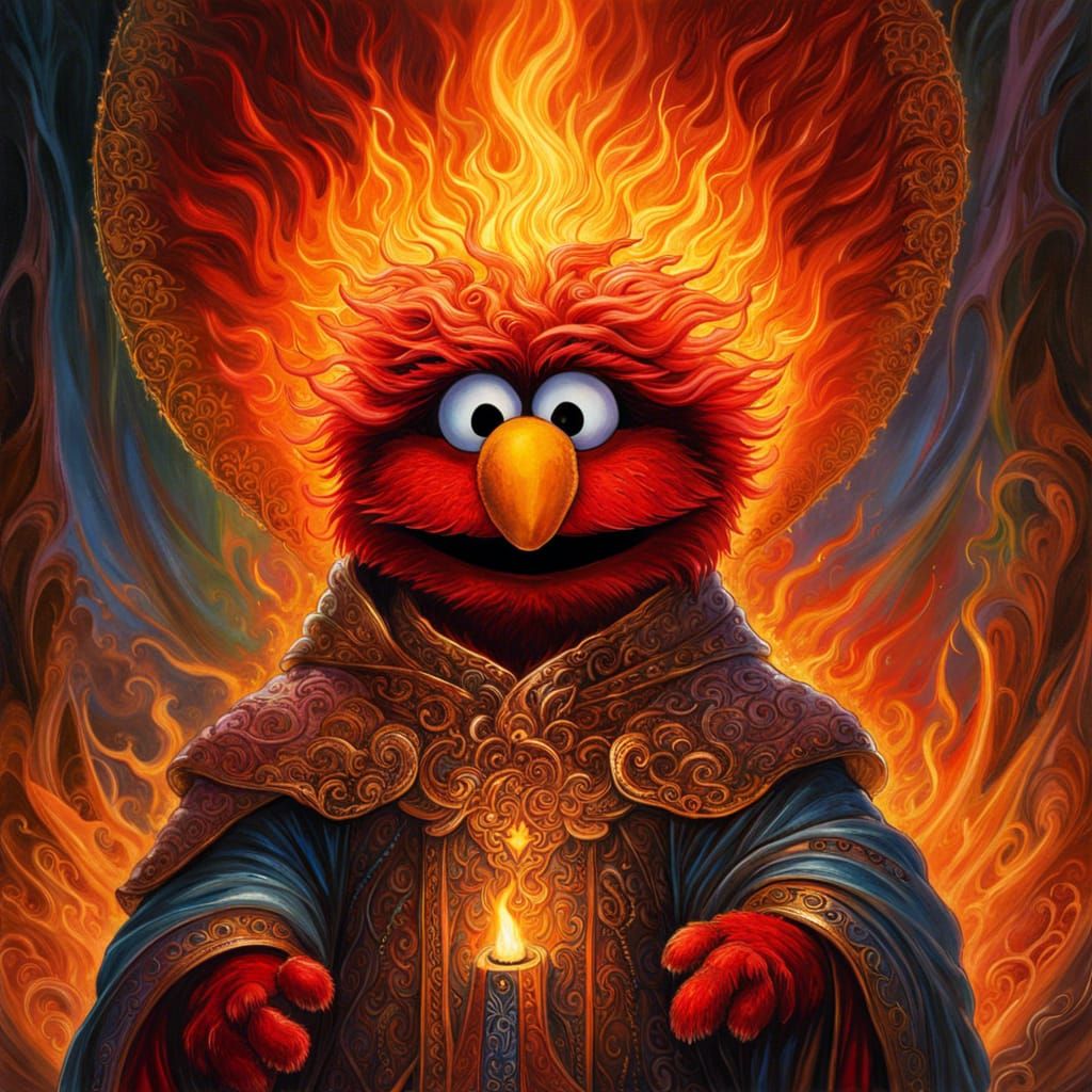 Elmo as Fiery Priest in Fantasy Art Style