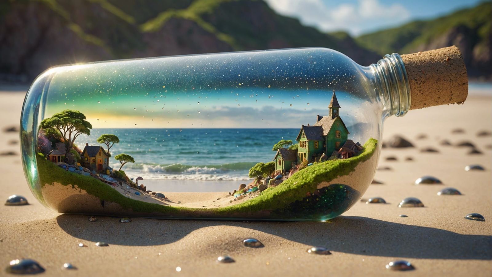 Fantasy Waterfall Village in Iridescent Bottle