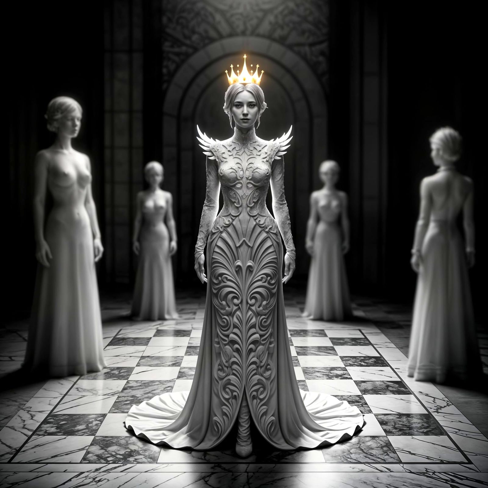 Monochrome Chess Queen in Marble Arena
