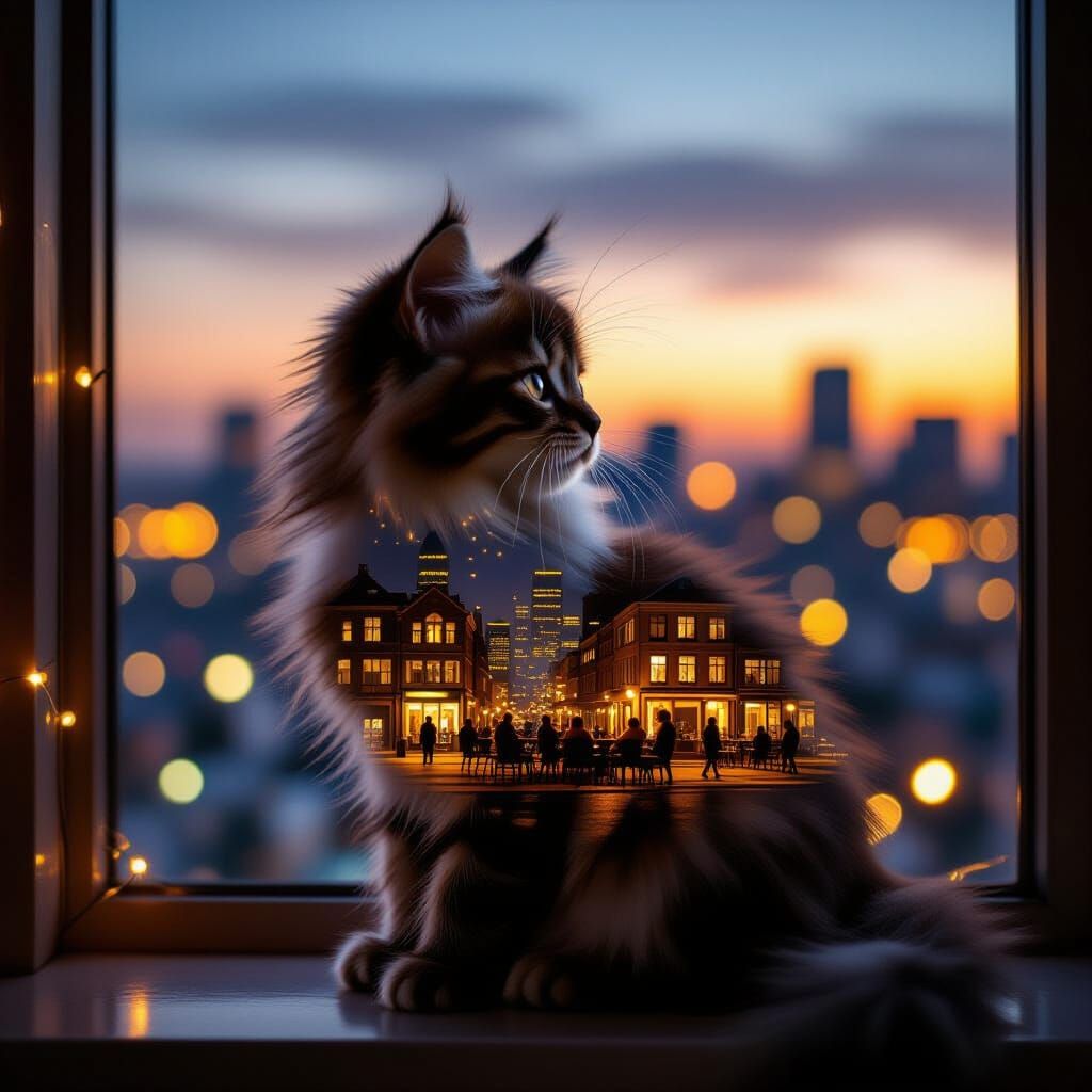 Kitten Silhouette Double Exposure With Twinkling City Lights
