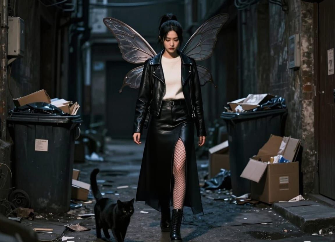 Dark fairy and her black cat walk into dark alley