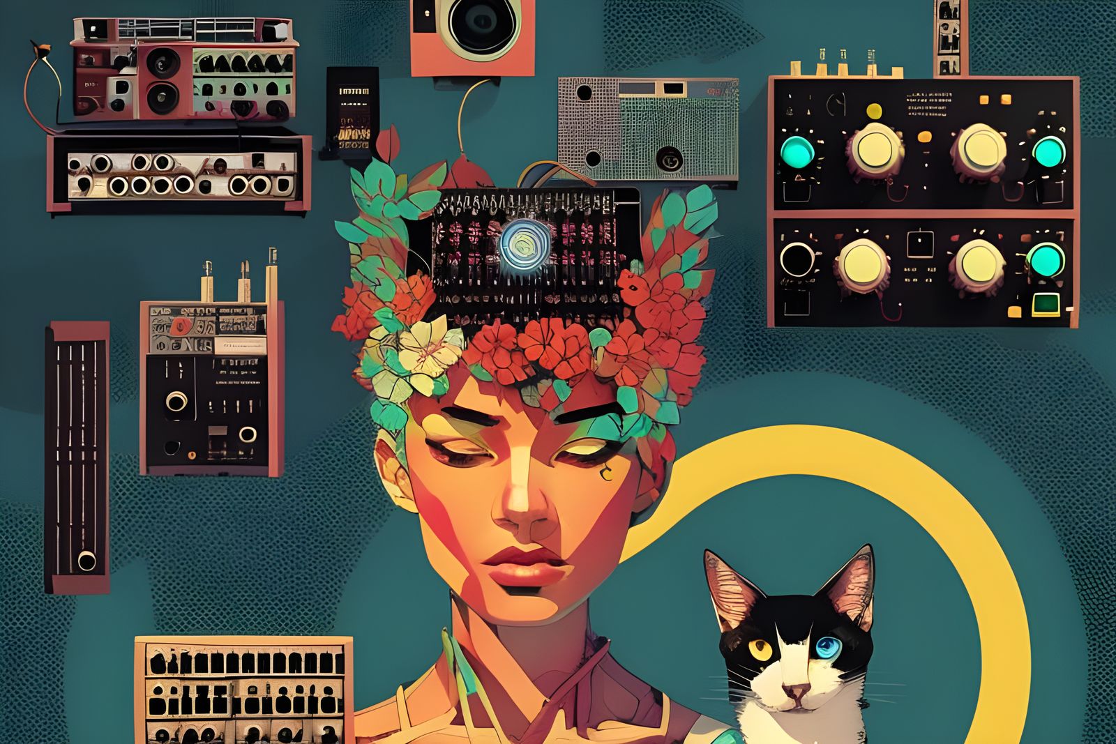 Anime Girl with Feline Features Plays Synth