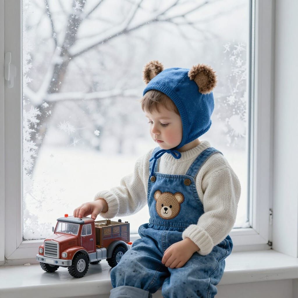 Whimsical Boy by Frosty Window in Alcohol Ink-Wash Style