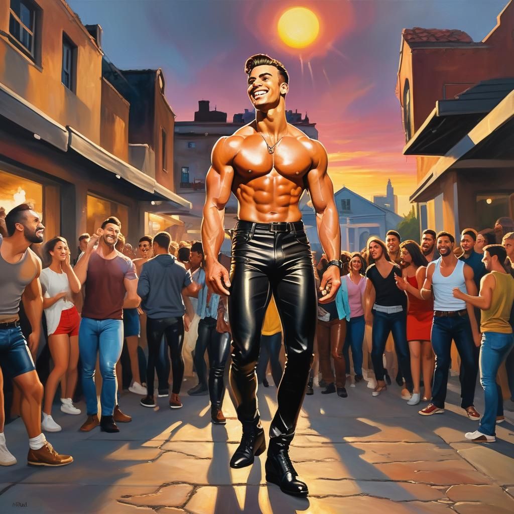 A young guy in leather pants on a busy street