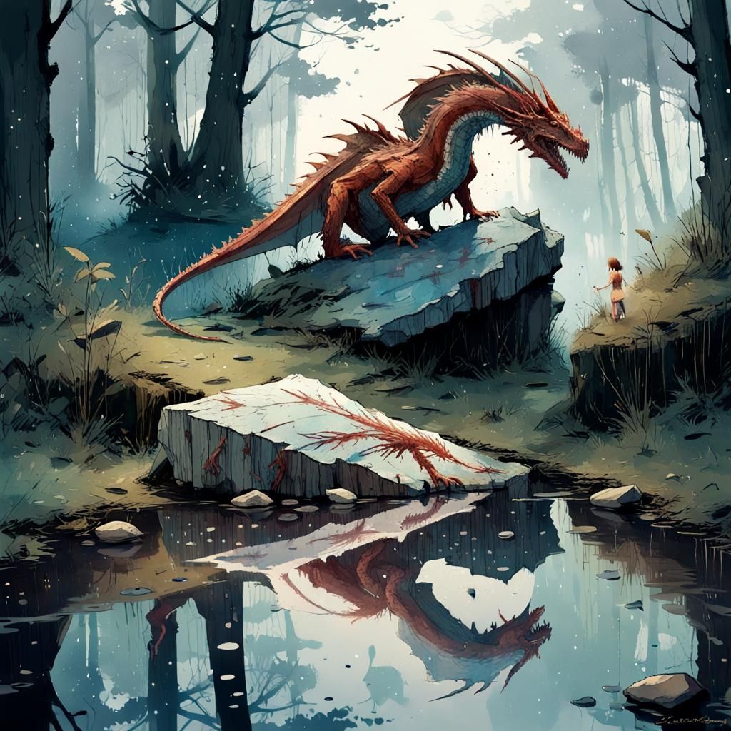 Dragon Shadow Reflected in Sword, Watercolor Splash Art