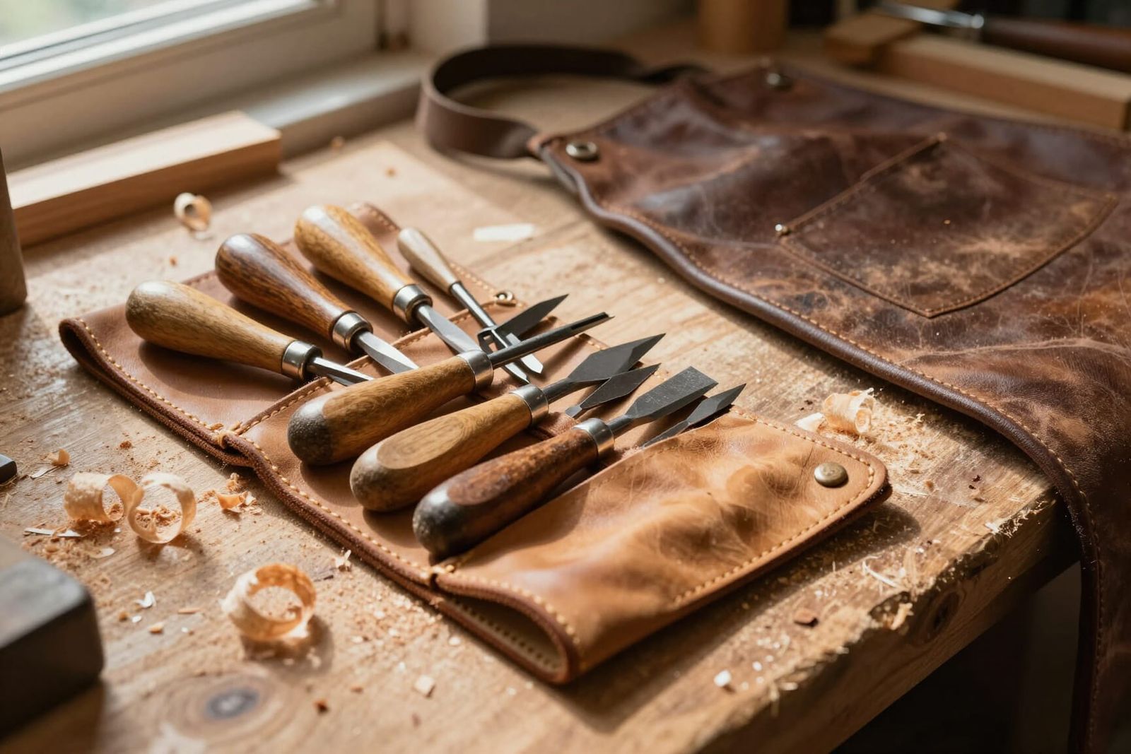 Master Woodcarver's Workbench in Warm Sunlight