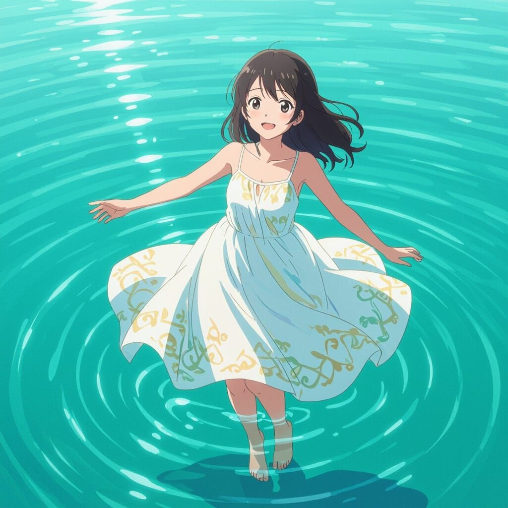 Anime Girl Floating on Calm Turquoise Water