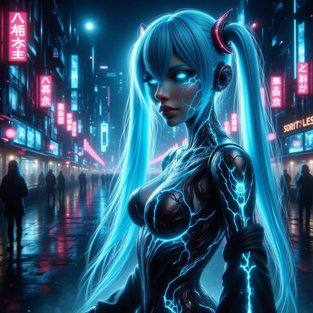 Cyborg Hatsune Miku Shines Bright in Futuristic Cityscape