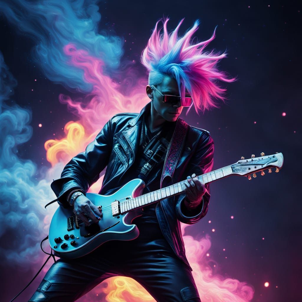 Cyberpunk Guitarist in Cosmic Pop Art Style