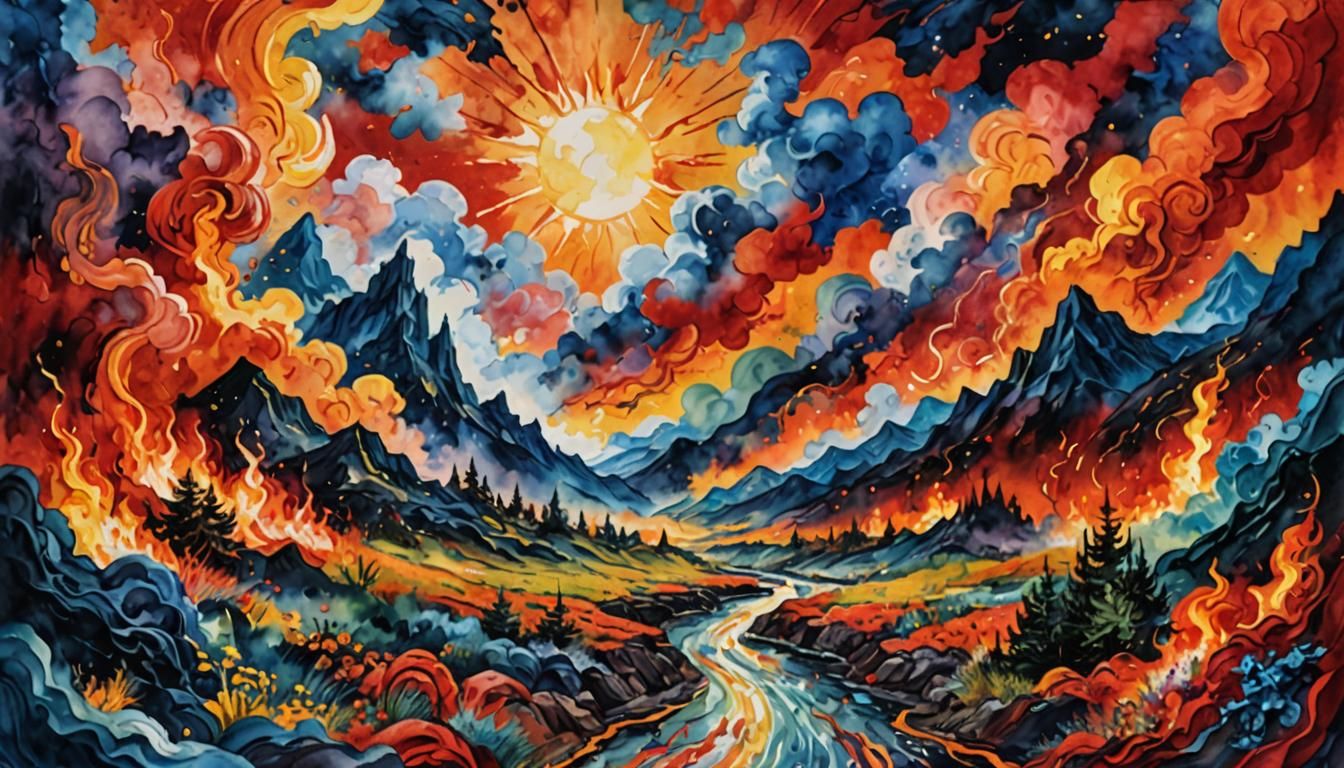 Hell and Heaven in Gouache Watercolor Style