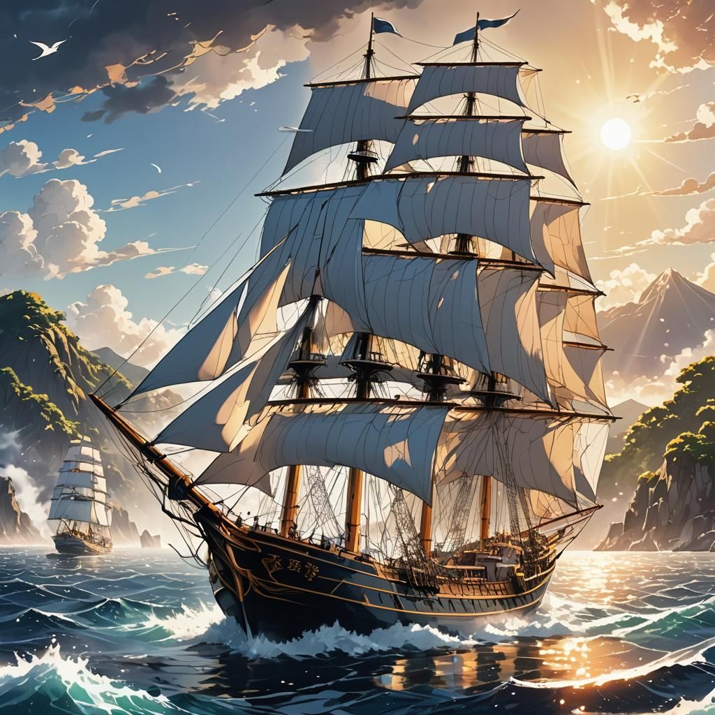 Colorful Sailboat Navigates Black and White Anime Sea