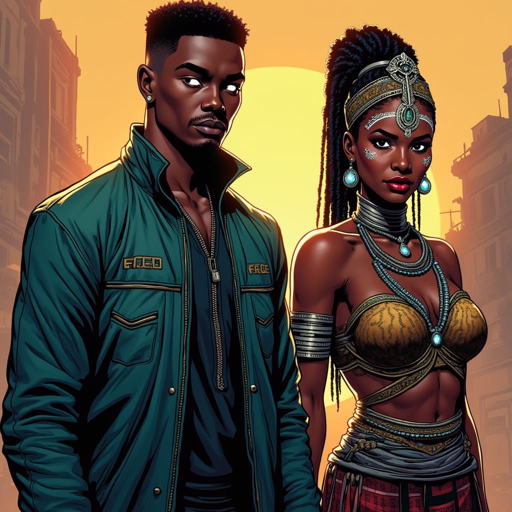 African Man and Zulu Queen in Futuristic Comic Style