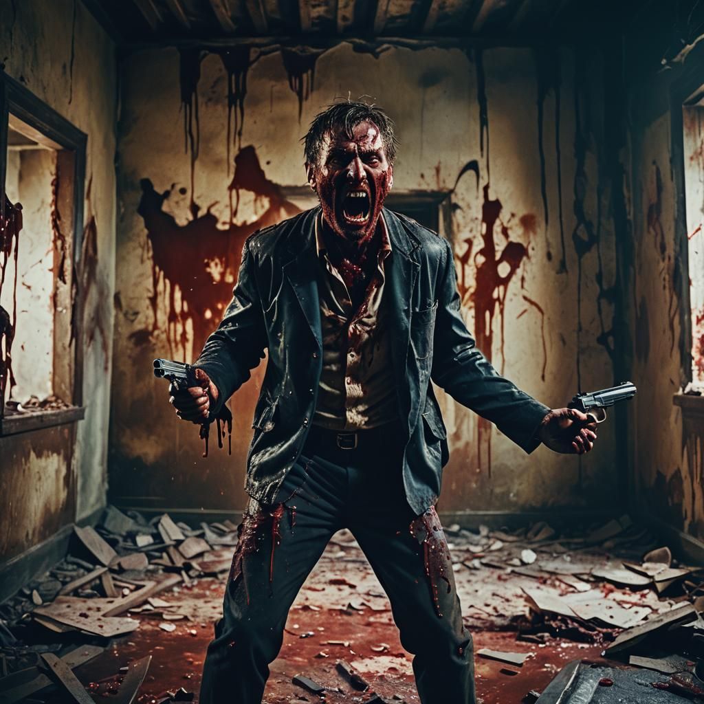 Intense Close-Up: Man Battling Monsters in Ruined Room