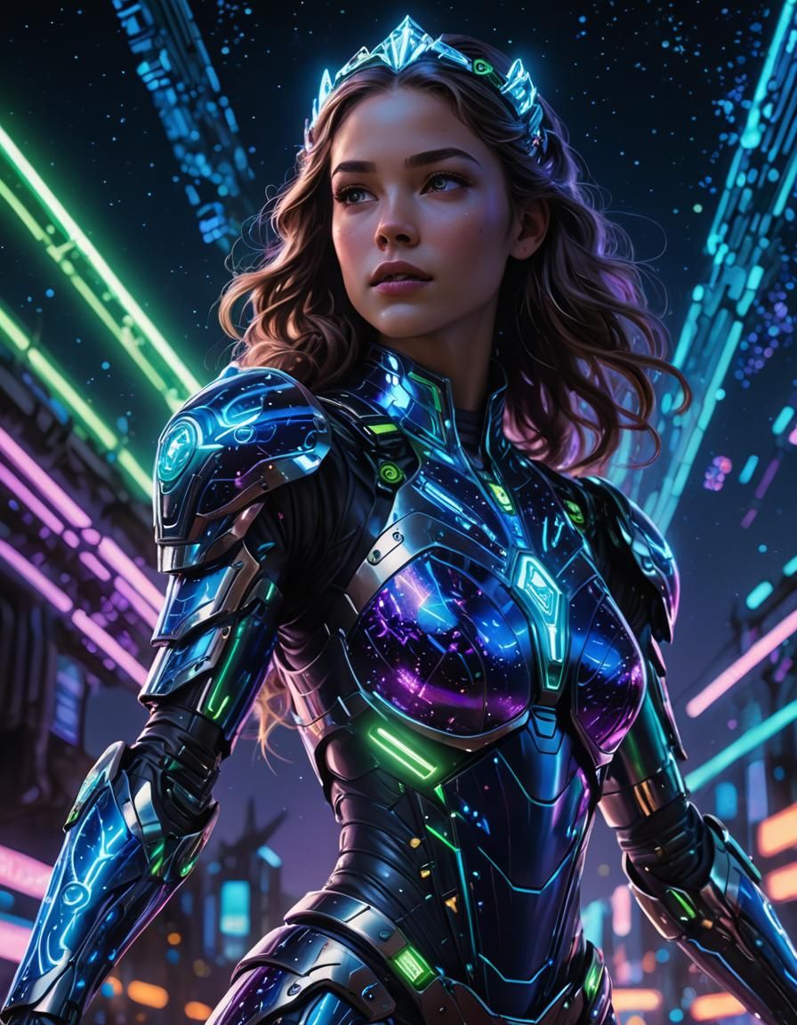 Princess Cyborg in Starry Night: Neon Digital Art