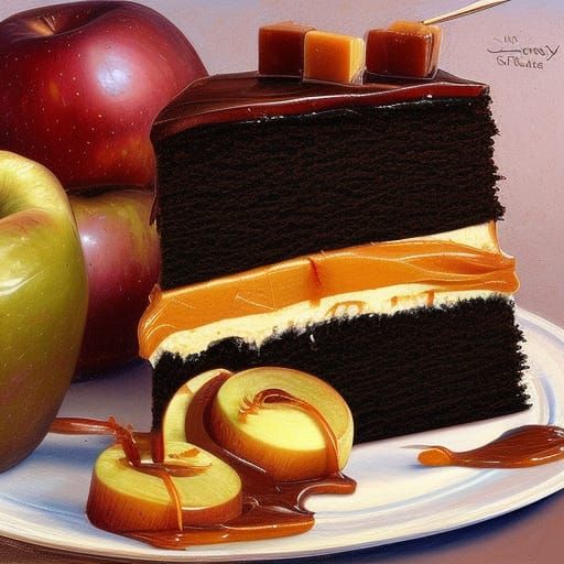 A licorice layered cake with caramel apple slices