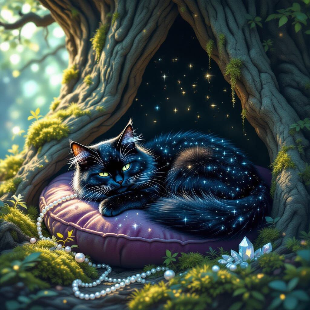 Celestial Black Cat in Mystical Landscape