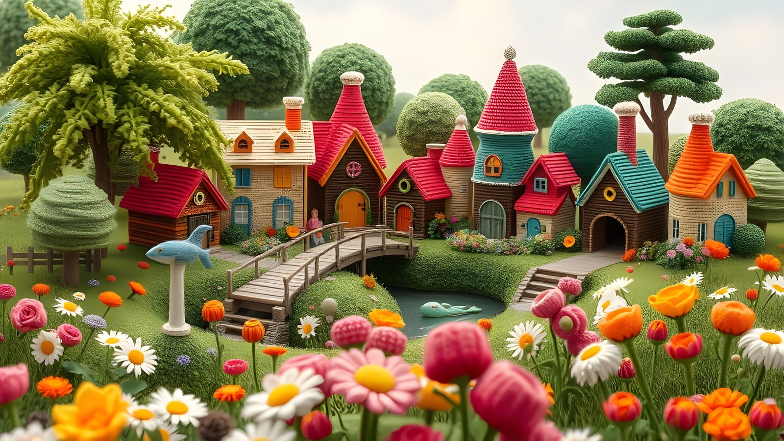 Whimsical Village Scene in Hyperrealistic Style
