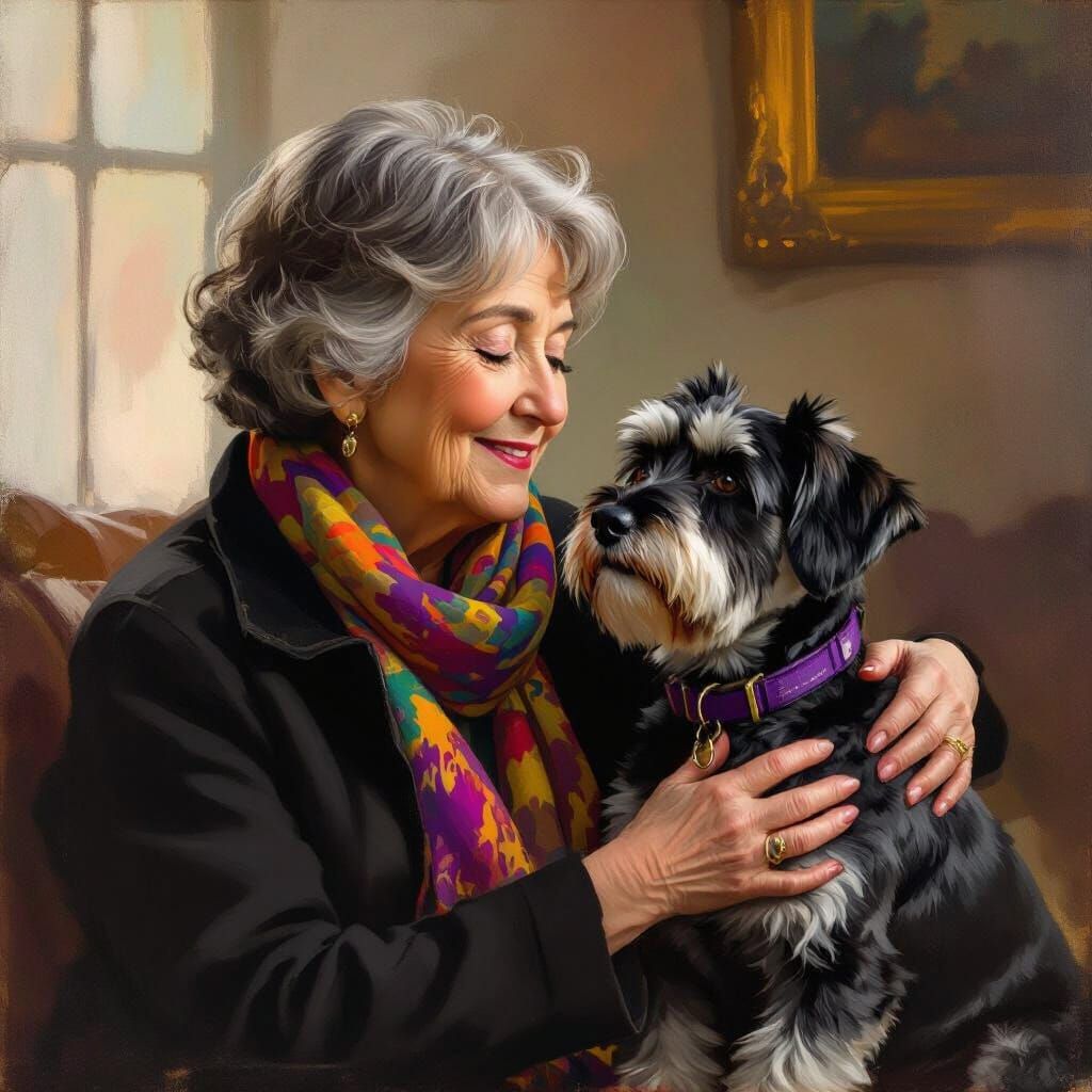 Elderly Woman Petting Schnauzer in Impressionistic Oil Style