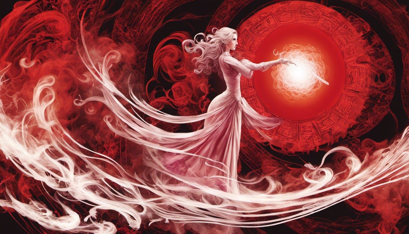 Sorceress Conjuring a Portal with Red Smoke