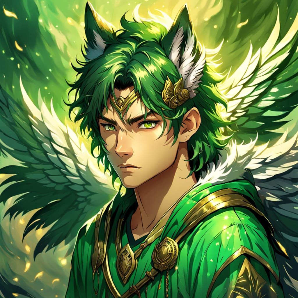 Anime Teenage Wolf Nephilim with Wings in Golden Light