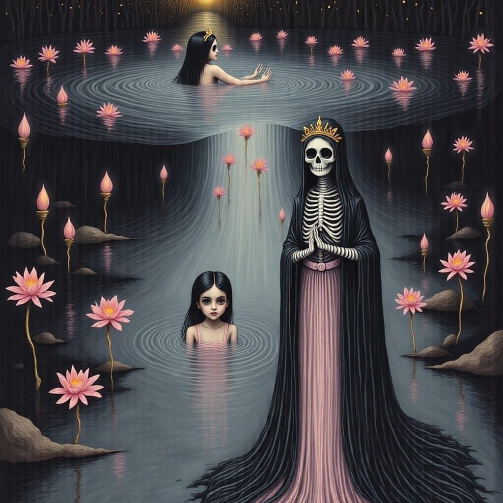 <lora:Death River:1.0> On the river Styx  a child swims in t...