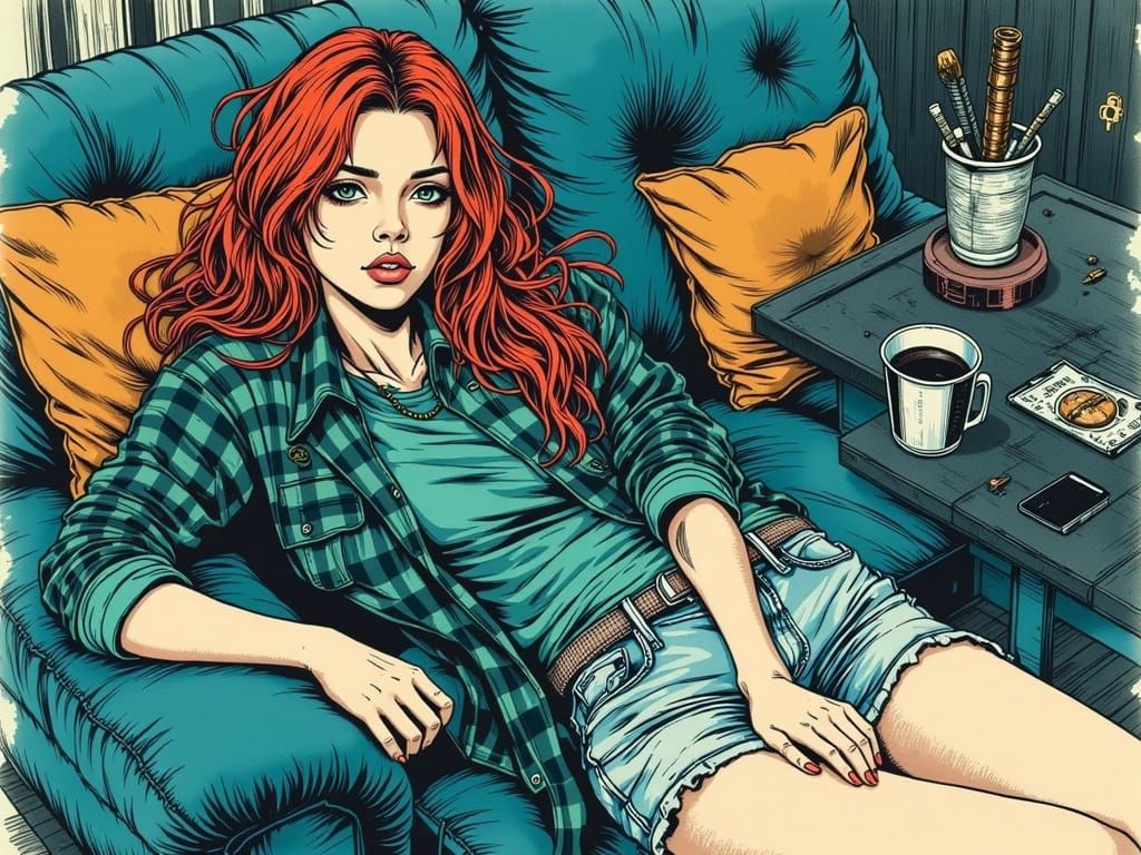 Woman on Sofa in 90s Comic Book Style
