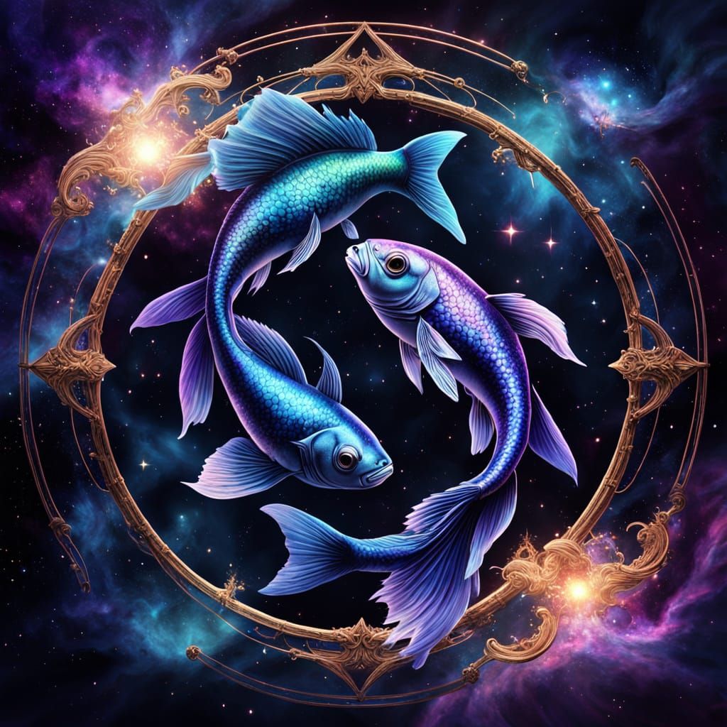 Celestial Fish Dance in a Vibrant Nebula