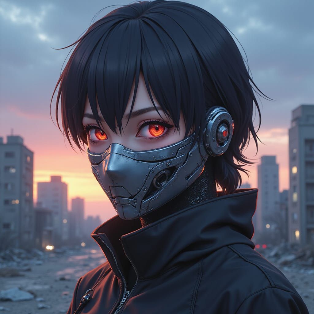 Anime Cyborg Ninja in Dystopian Cityscape