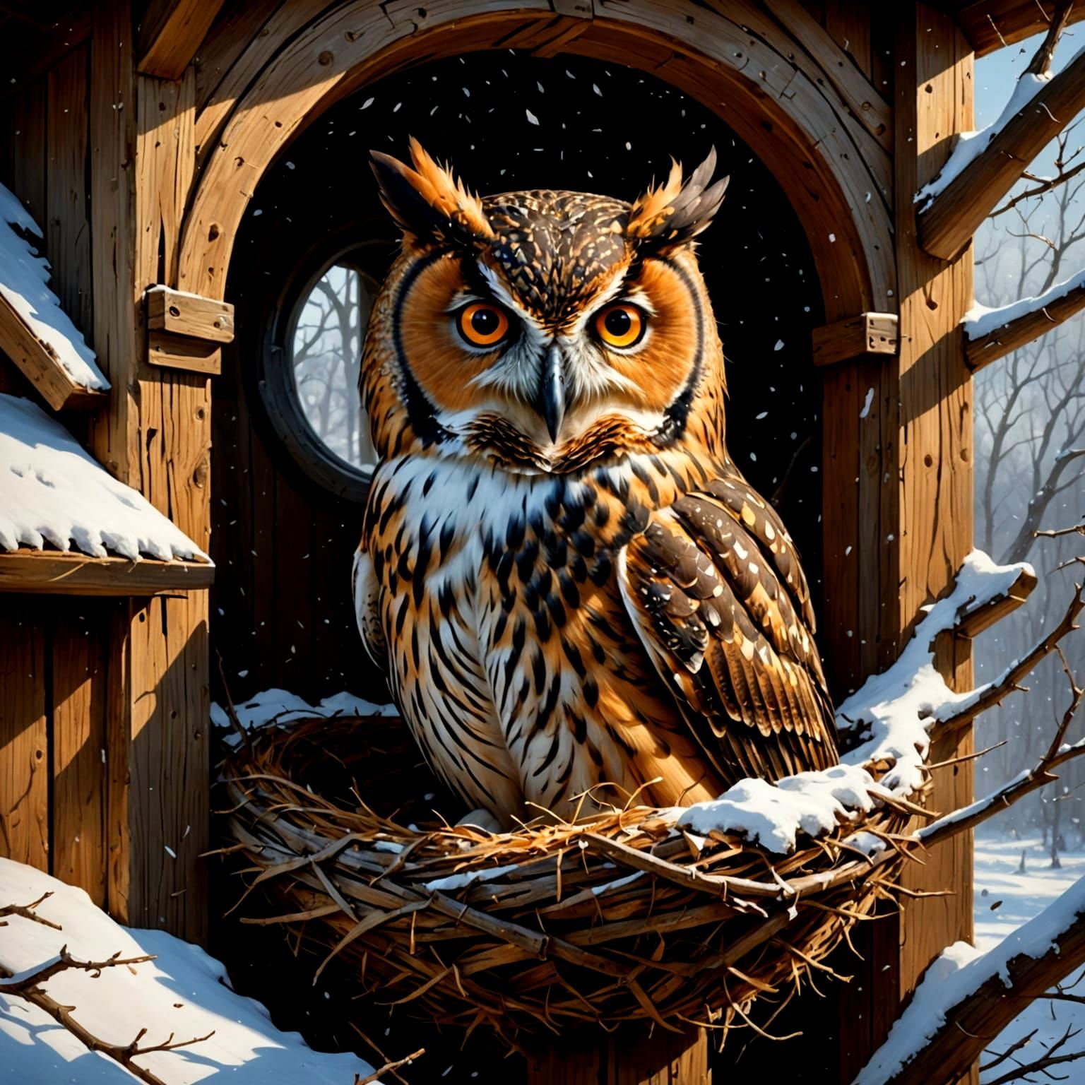 Beautiful Owl Watching Snowfall in Barn