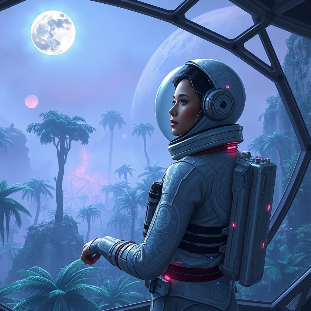Latina Space Explorer in Pearlescent Suit Gazing Out from Tr...
