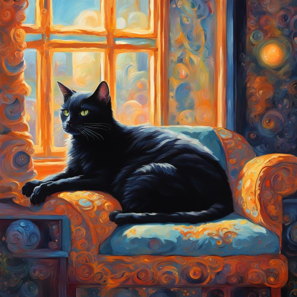 Sleek Black Cat Basks in Golden Light on Velvet Cushion