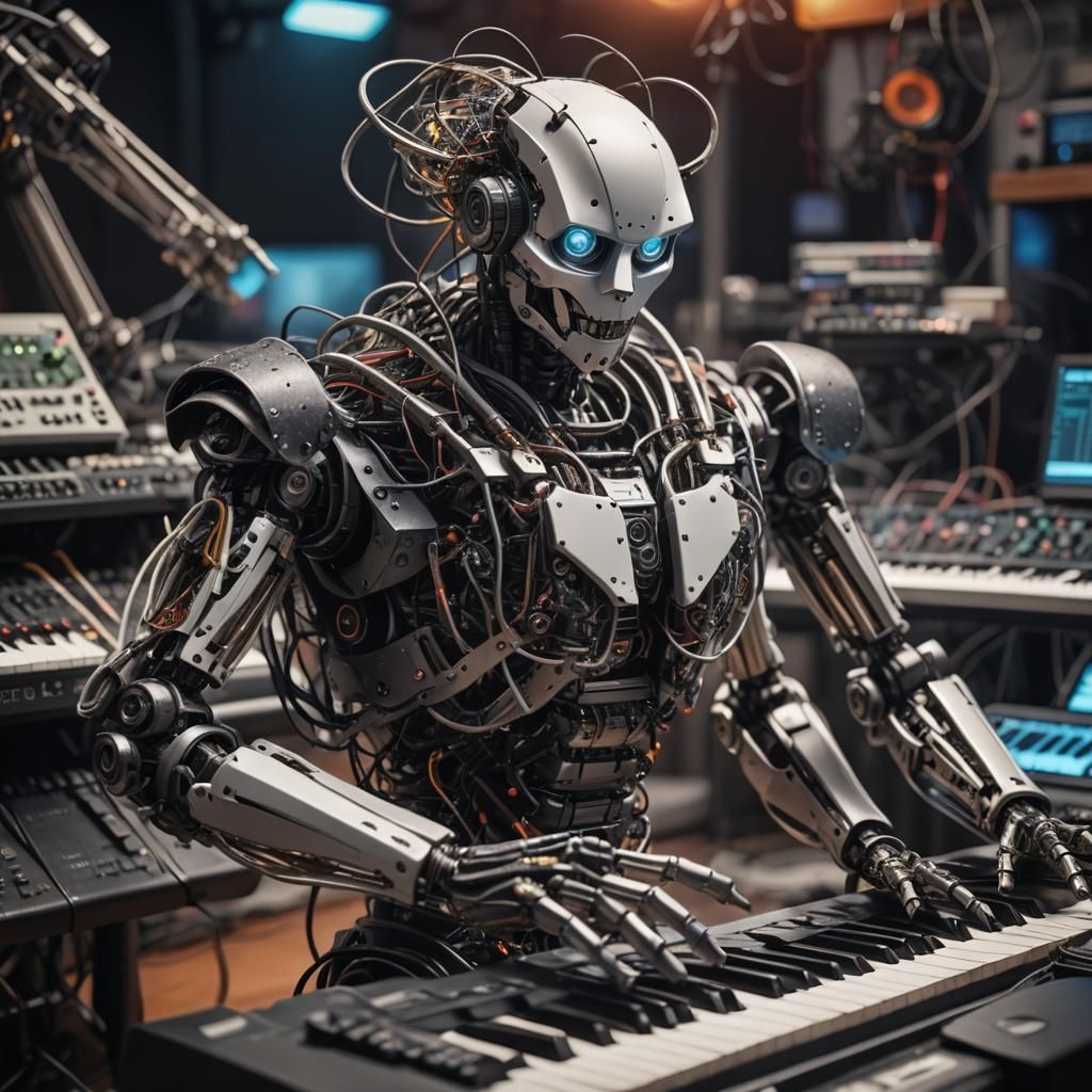 Robot Synth Player in Fluorescent High-Tech Environment