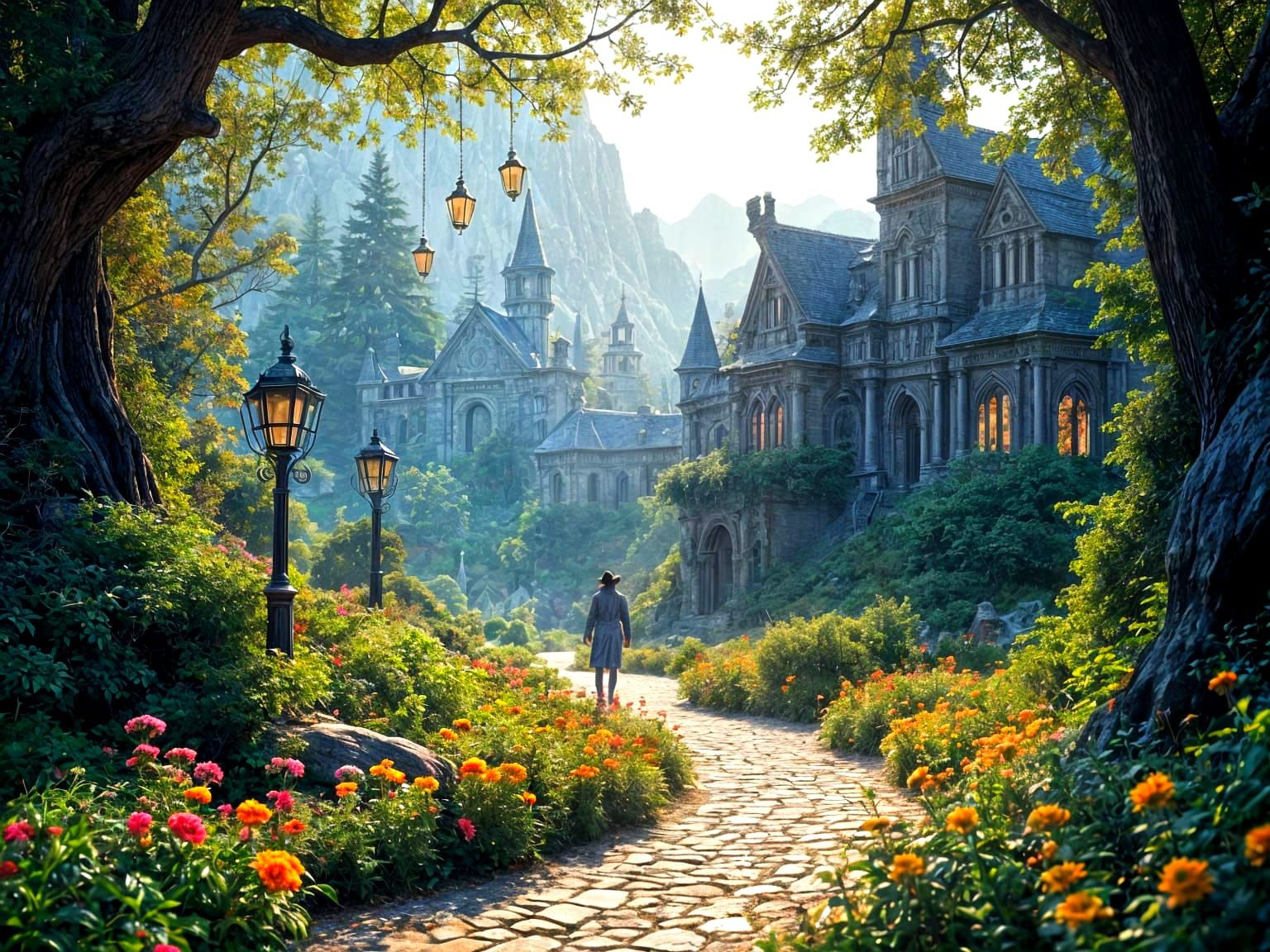 Magical Wizard School Landscape in Hyper-Maximalist Style