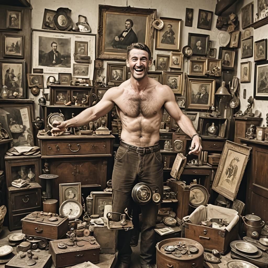 Joyful Man Among Antique Treasures