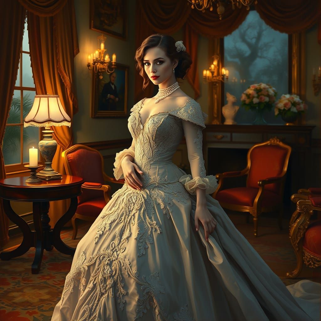 Elegant Lady in Victorian Gown, Candlelit Parlor
