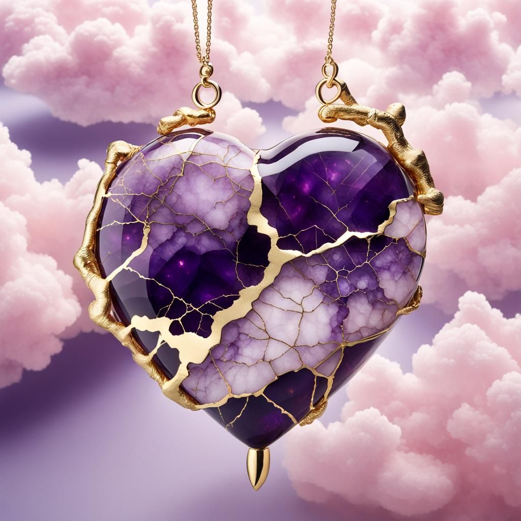 Amethyst Heart with Golden Kintsugi Cracks