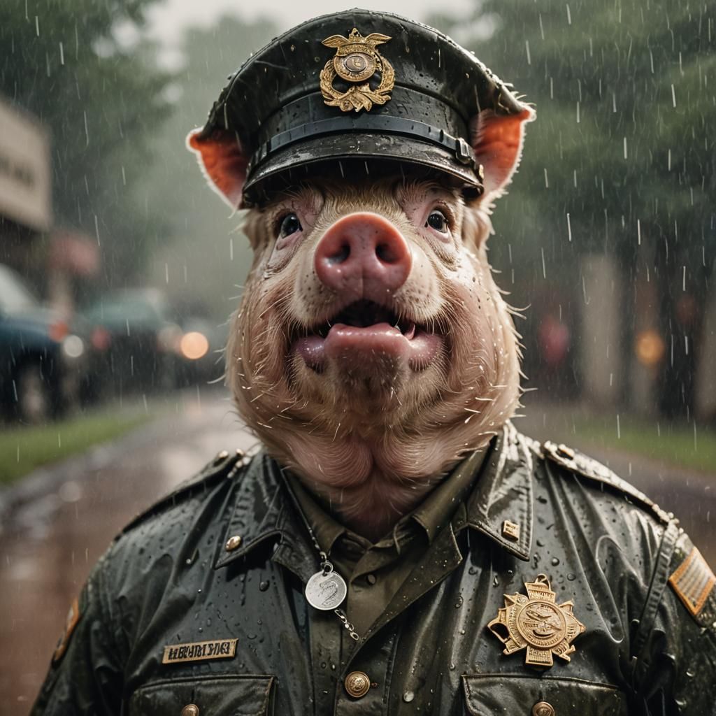 Emotional Pig in Army Uniform Crying in Rain